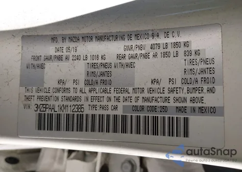 2019 Mazda Mazda3 Select Package from USA, damaged, VIN 3MZBPAAL1KM112385